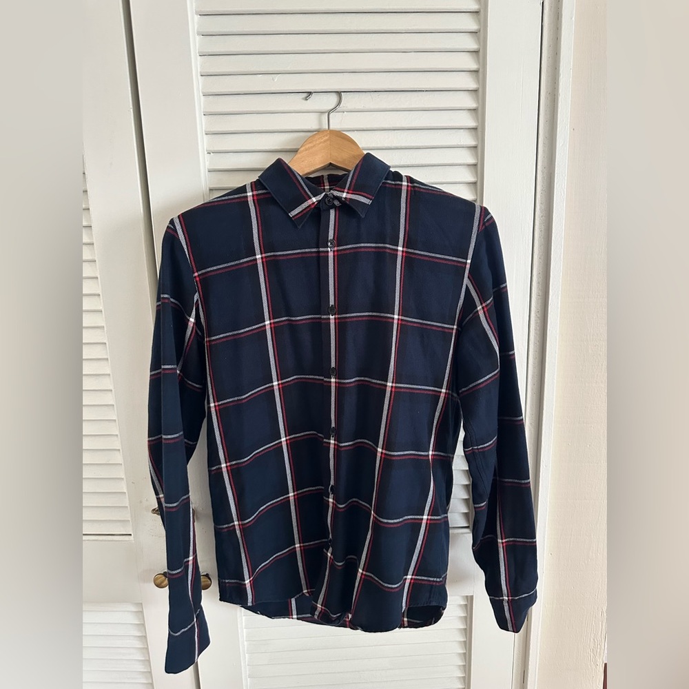 Sandro Men's Navy and Red Checkered Shirt in size XS